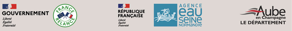  Logos des financeurs : le Plan de relance gouvernemental, l’Agence de l’Eau Seine-Normandie, le Département de l’Aube.